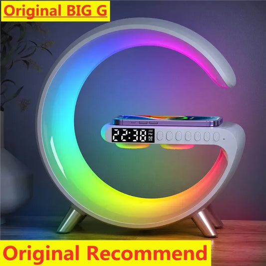 Wireless charging LED lamp with Bluetooth speakers.